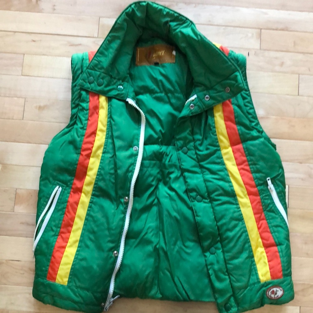 Camel puffer vest ✨VINTAGE✨Green orange yellow stripe goose down insulated 1970s